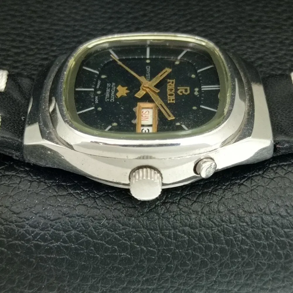 Vintage 1979 Square Ricoh Automatic Mens Silver Watch W/daydate & Gold accents